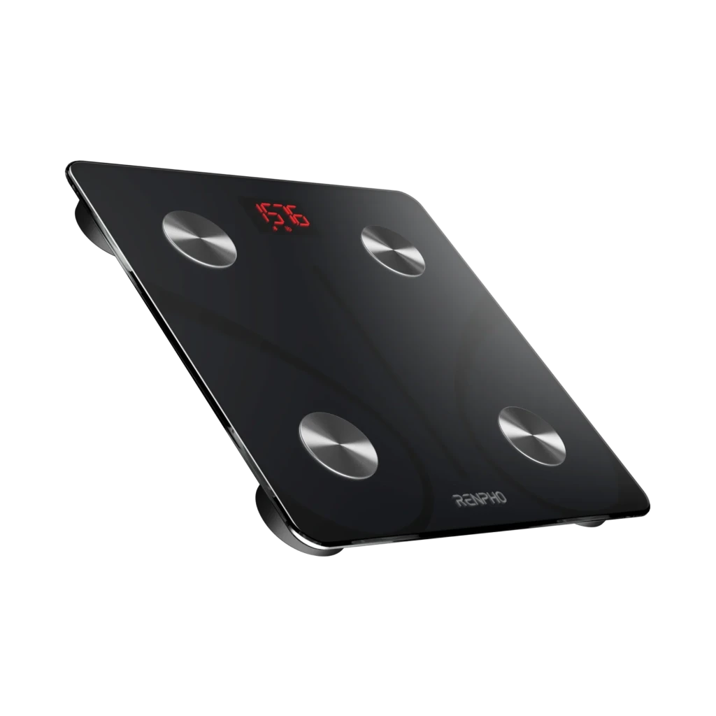 Renpho Elis 1 ES-CS20M-B preto, vista frontal: ecrã LCD com métricas corporais, elétrodos e barra de apoio superior - Item2