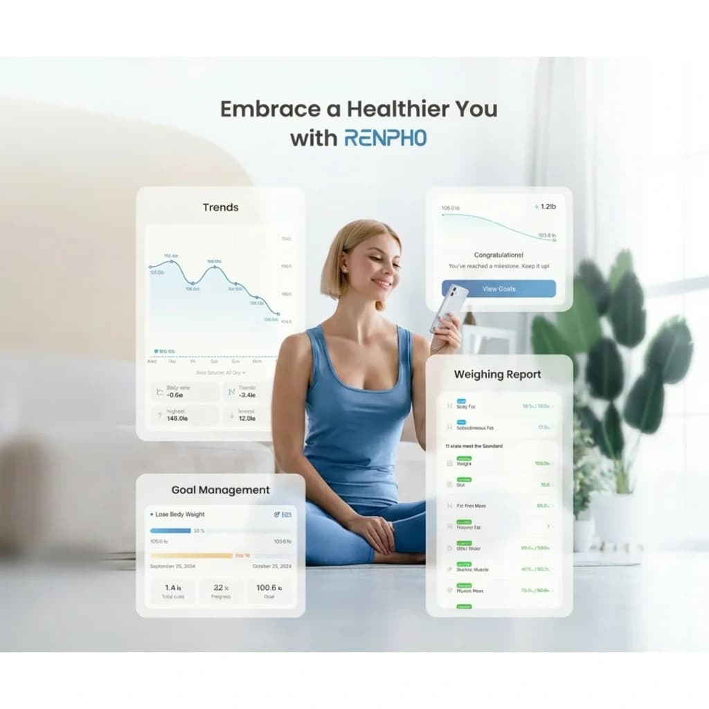 Tela do app Renpho exibindo tendências, metas e relatórios de peso da balança inteligente WiFi, com gráficos, percentuais e interface limpa em tons claros