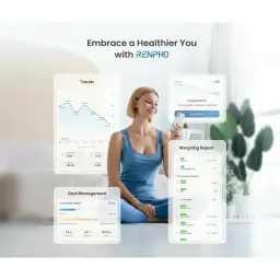 Tela do app Renpho exibindo tendências, metas e relatórios de peso da balança inteligente WiFi, com gráficos, percentuais e interface limpa em tons claros