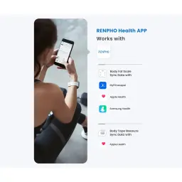 Tela do app Renpho Health exibida em smartphone, integração com MyFitnessPal, Apple Health e Samsung Health, ideal para balança inteligente WiFi Renpho Elis