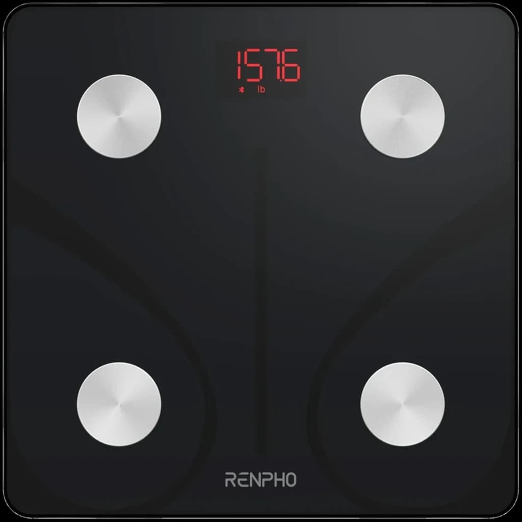 Renpho Elis 1 ES-CS20M-B preto, vista frontal: ecrã LCD com métricas corporais, elétrodos e barra de apoio superior