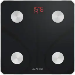 Renpho Elis 1 ES-CS20M-B preto, vista frontal: ecrã LCD com métricas corporais, elétrodos e barra de apoio superior