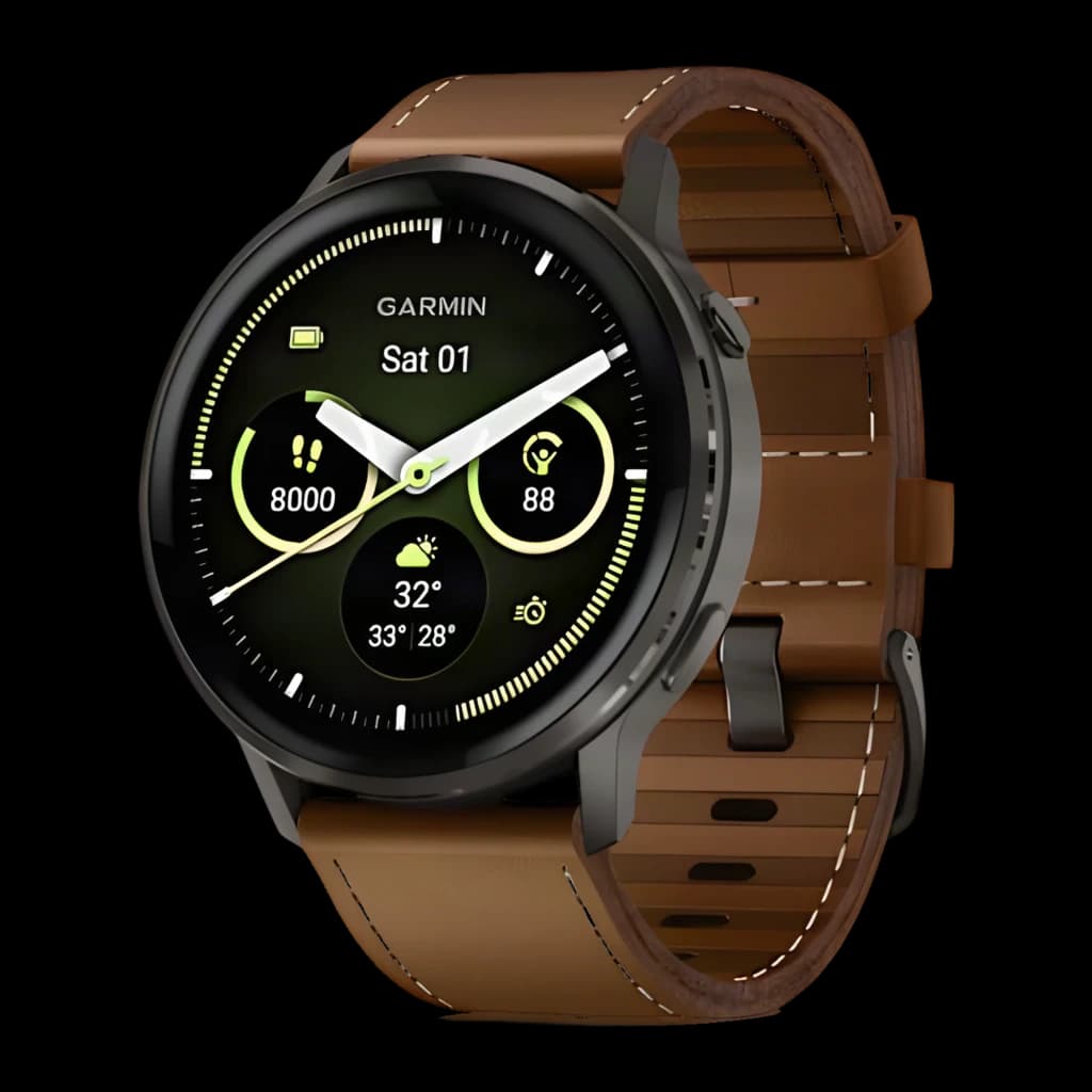 Montre Garmin Venu 4 45 mm gris ardoise avec boîtier rond, lunette sombre et bracelet cuir marron à surpiqûres blanches, écran AMOLED cadrans verts