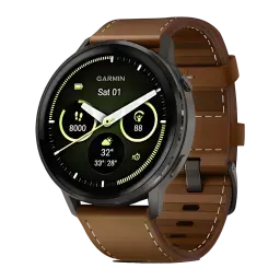 Montre Garmin Venu 4 45 mm gris ardoise avec boîtier rond, lunette sombre et bracelet cuir marron à surpiqûres blanches, écran AMOLED cadrans verts