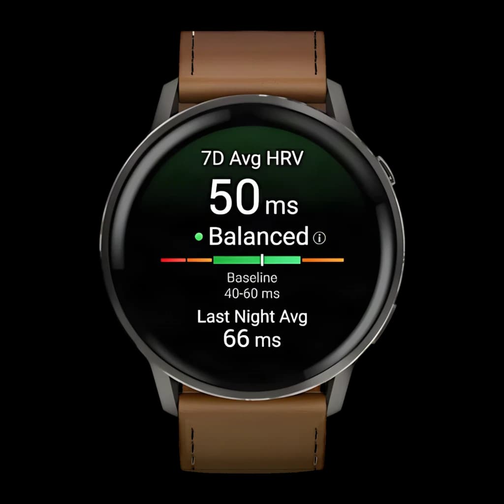 Montre connectée Garmin Venu 4 45 mm gris ardoise, cadran rond noir, bracelet cuir marron, écran affichant HRV 50 ms et données santé colorées