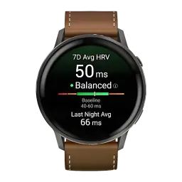 Montre connectée Garmin Venu 4 45 mm gris ardoise, cadran rond noir, bracelet cuir marron, écran affichant HRV 50 ms et données santé colorées