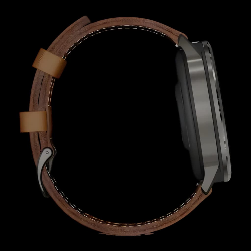 Montre connectée Garmin Venu 4 45 mm gris ardoise, boîtier fin profil latéral, bracelet cuir marron avec boucle métallique, style élégant et robuste