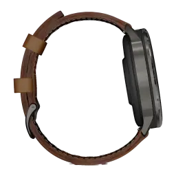 Montre connectée Garmin Venu 4 45 mm gris ardoise, boîtier fin profil latéral, bracelet cuir marron avec boucle métallique, style élégant et robuste