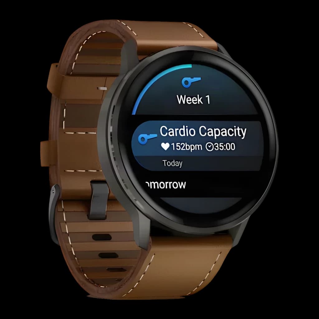 Garmin Venu 4 45 mm gris ardoise, boîtier rond, écran AMOLED, bracelet cuir marron, affichage cardio 152 bpm, design élégant et sportif