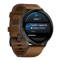 Garmin Venu 4 45 mm gris ardoise, boîtier rond, écran AMOLED, bracelet cuir marron, affichage cardio 152 bpm, design élégant et sportif