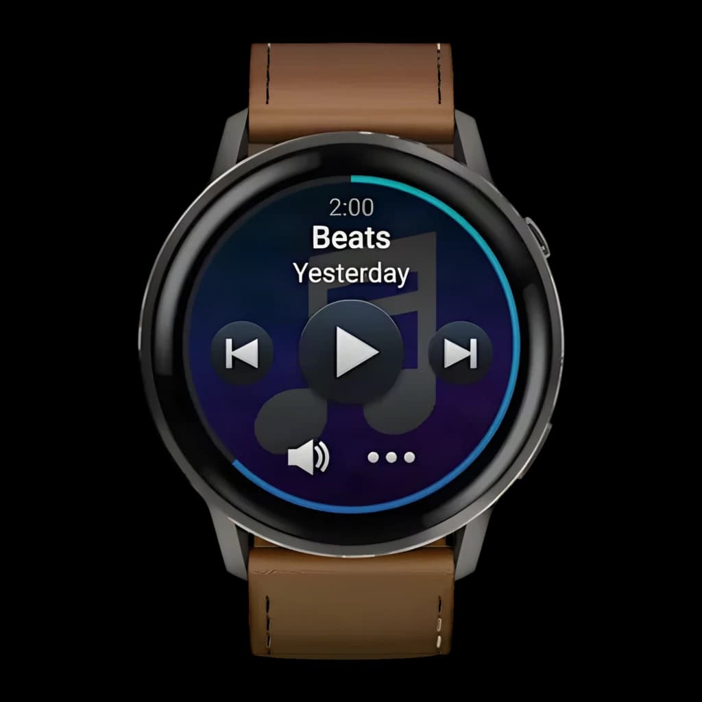 Garmin Venu 4 45 mm gris ardoise avec bracelet cuir marron, écran rond AMOLED affichant musique, boîtier métal, boutons discrets, lunette noire élégante