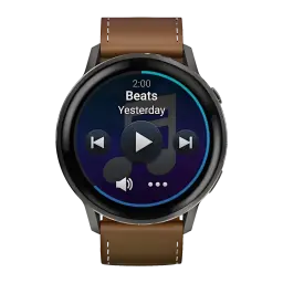 Garmin Venu 4 45 mm gris ardoise avec bracelet cuir marron, écran rond AMOLED affichant musique, boîtier métal, boutons discrets, lunette noire élégante