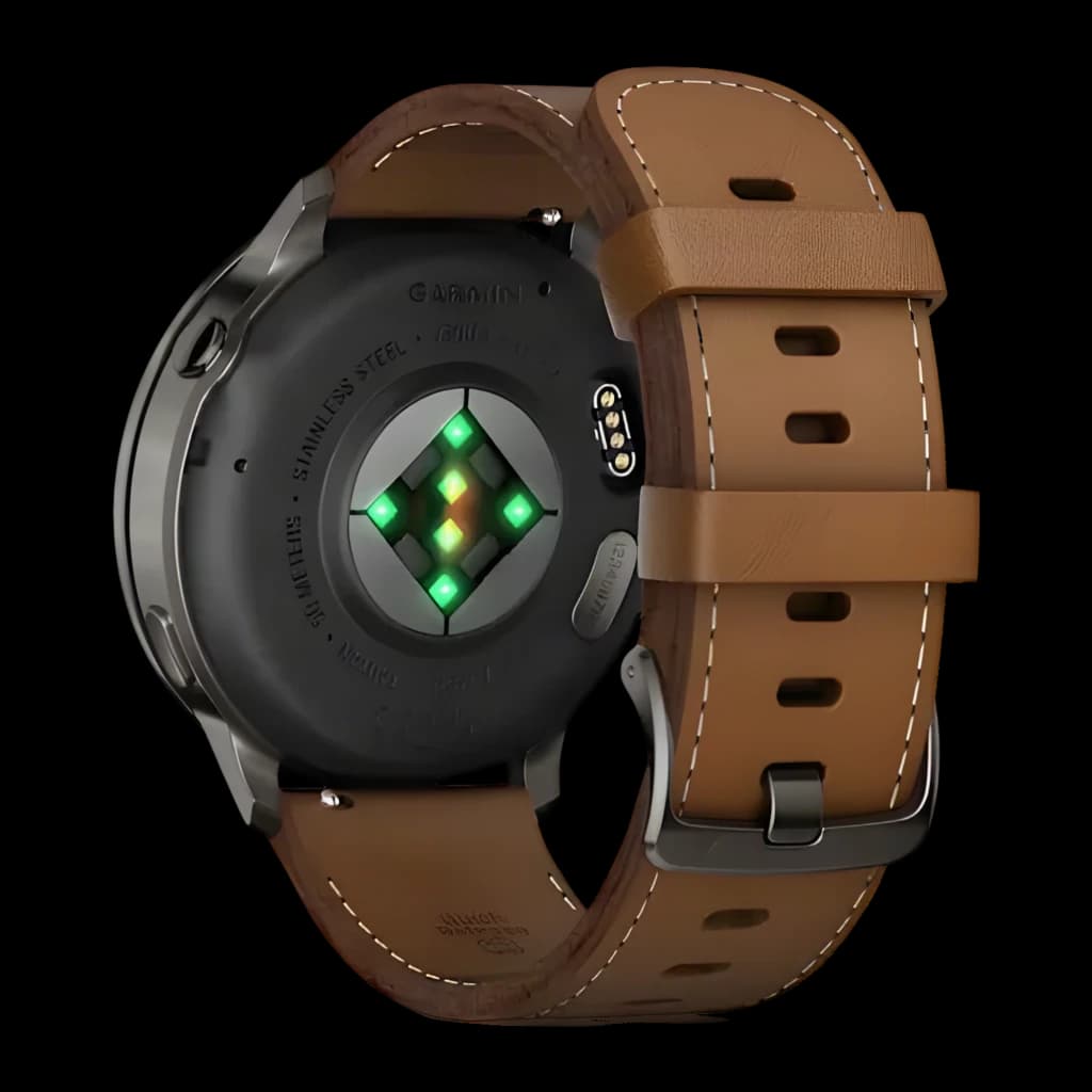 Dos du Garmin Venu 4 45 mm gris ardoise avec capteurs verts actifs et boîtier acier, bracelet cuir marron cousu, boucle métal anthracite