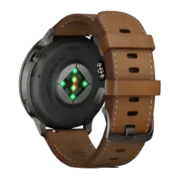 Dos du Garmin Venu 4 45 mm gris ardoise avec capteurs verts actifs et boîtier acier, bracelet cuir marron cousu, boucle métal anthracite