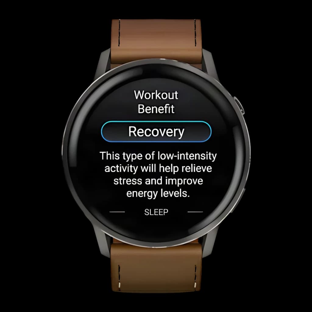 Garmin Venu 4 45 mm gris ardoise avec grand écran rond et bracelet cuir marron affichant Recovery, boîtier métal, finition premium et look élégant