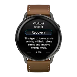 Garmin Venu 4 45 mm gris ardoise avec grand écran rond et bracelet cuir marron affichant Recovery, boîtier métal, finition premium et look élégant