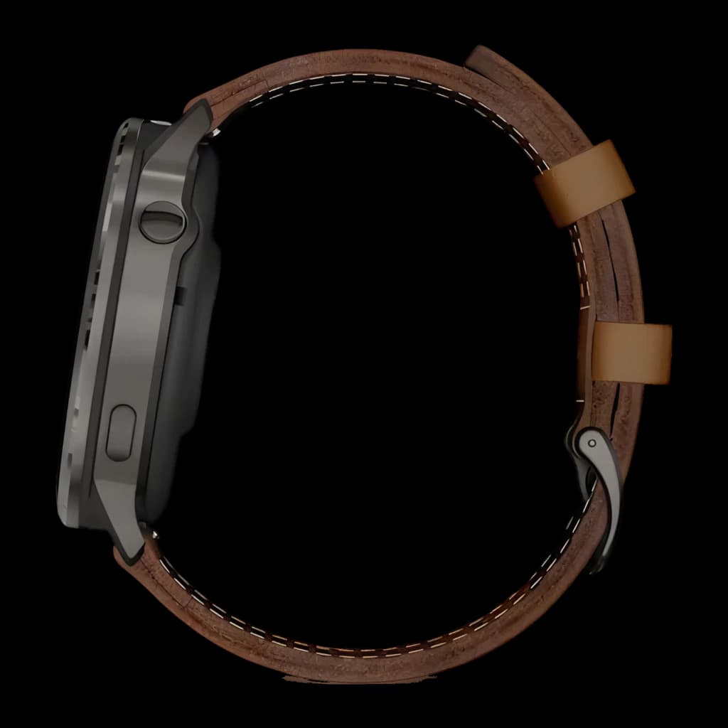 Montre Garmin Venu 4 45 mm gris ardoise, boîtier profil fin avec bouton latéral, bracelet en cuir marron à boucle, design élégant et robuste