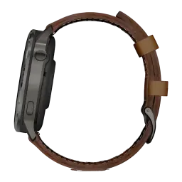Montre Garmin Venu 4 45 mm gris ardoise, boîtier profil fin avec bouton latéral, bracelet en cuir marron à boucle, design élégant et robuste