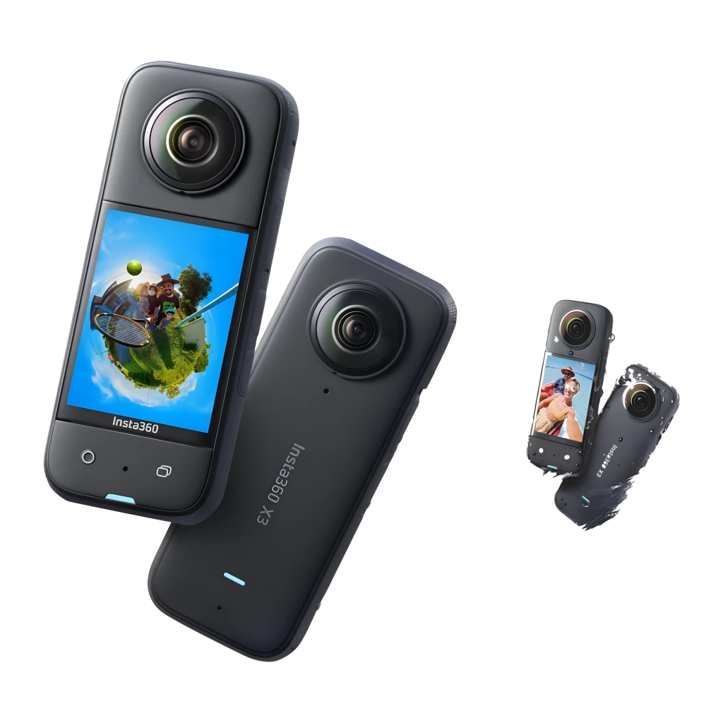 Caméra 360 compacte avec grand écran, double objectifs fisheye, perche télescopique, batterie amovible, poignée, deux capuchons d’objectif et logo - Ítem2