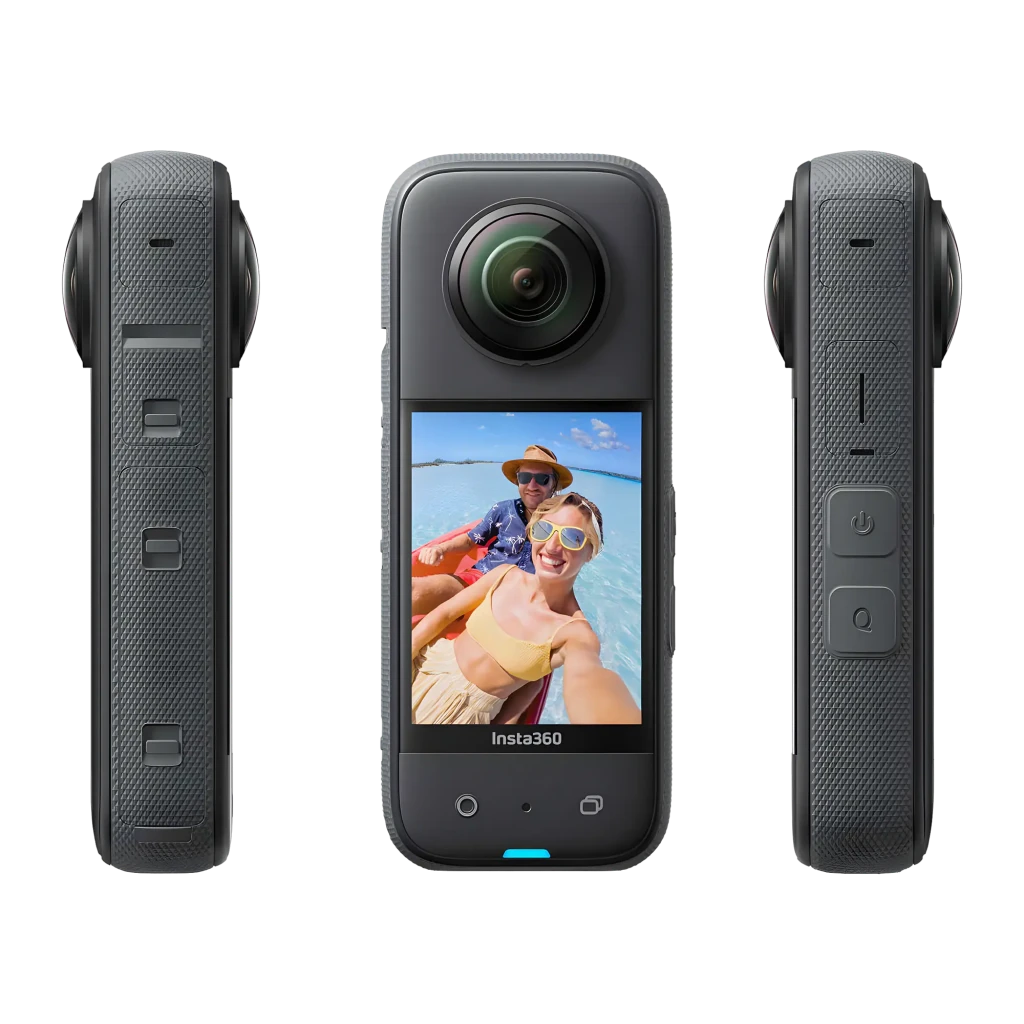 Caméra 360 compacte avec grand écran, double objectifs fisheye, perche télescopique, batterie amovible, poignée, deux capuchons d’objectif et logo - Ítem3