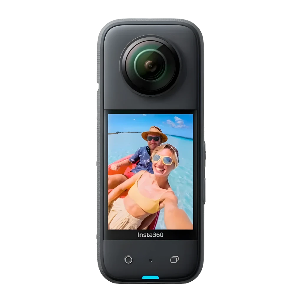 Caméra 360 compacte avec grand écran, double objectifs fisheye, perche télescopique, batterie amovible, poignée, deux capuchons d’objectif et logo - Ítem4