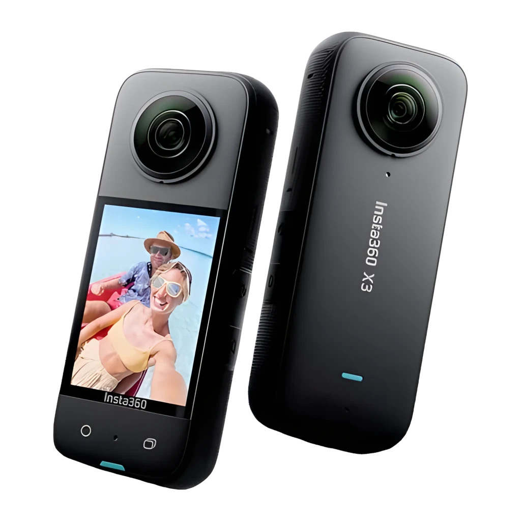 Caméra 360 compacte avec grand écran, double objectifs fisheye, perche télescopique, batterie amovible, poignée, deux capuchons d’objectif et logo - Ítem1