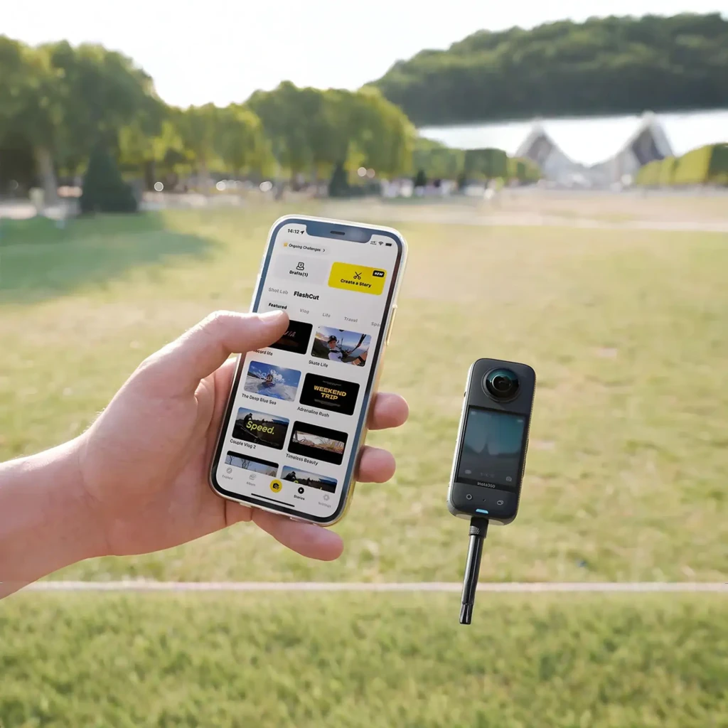 Caméra 360 compacte avec grand écran, double objectifs fisheye, perche télescopique, batterie amovible, poignée, deux capuchons d’objectif et logo - Ítem7