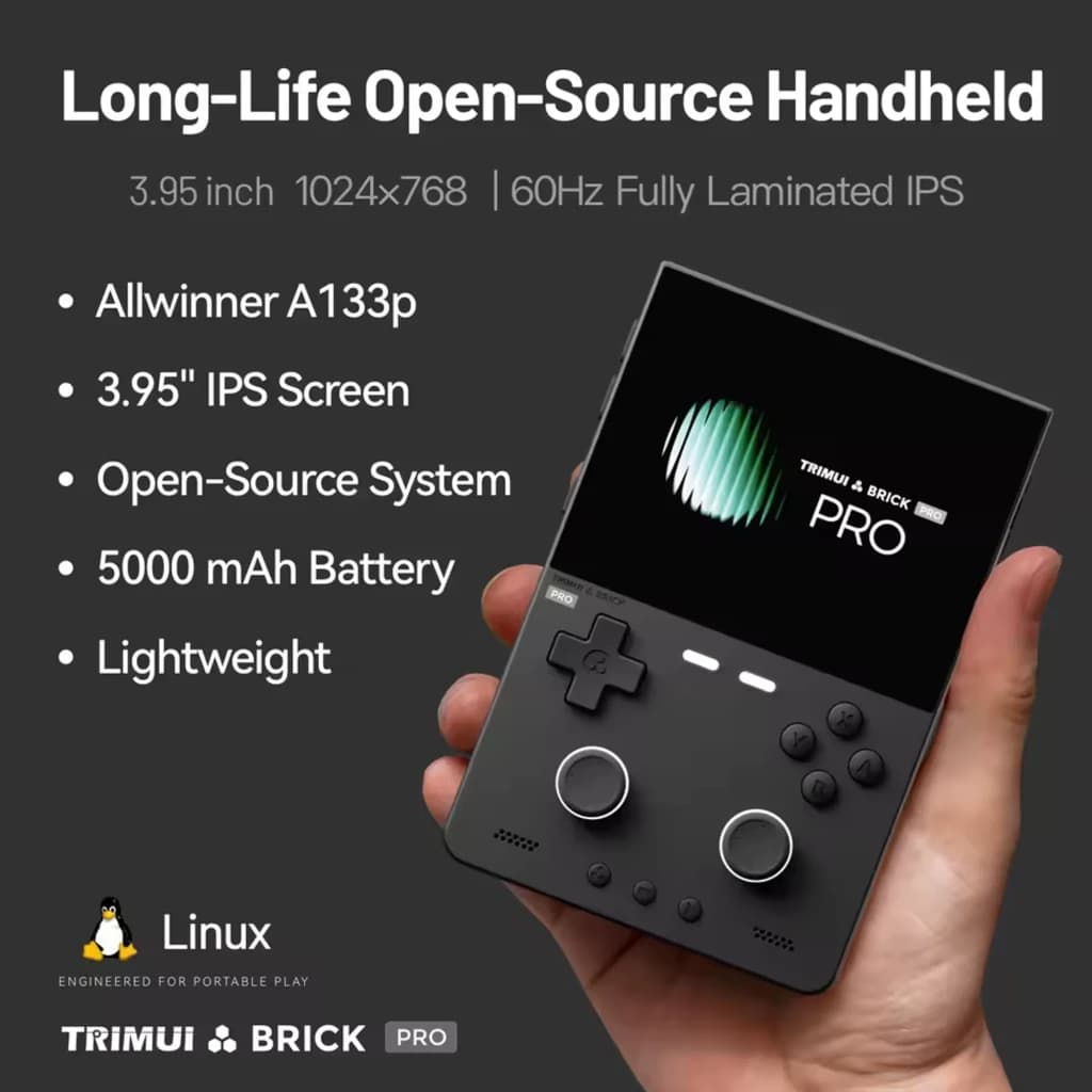 Consola portátil Trimui Brick Pro 1 GB/64 GB Branco com tela IPS 3,95 pol laminada, botões D-pad, analógicos duplos, leve e bateria 5000 mAh