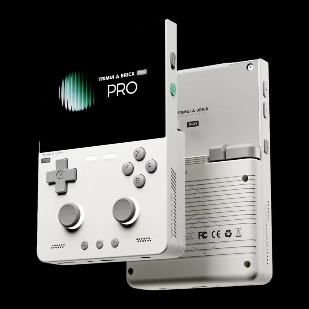 Consola portátil Trimui Brick Pro 1 GB/64 GB Branco com tela grande, botões em cruz e analógicos duplos, acabamento branco fosco e alto-falantes frontais