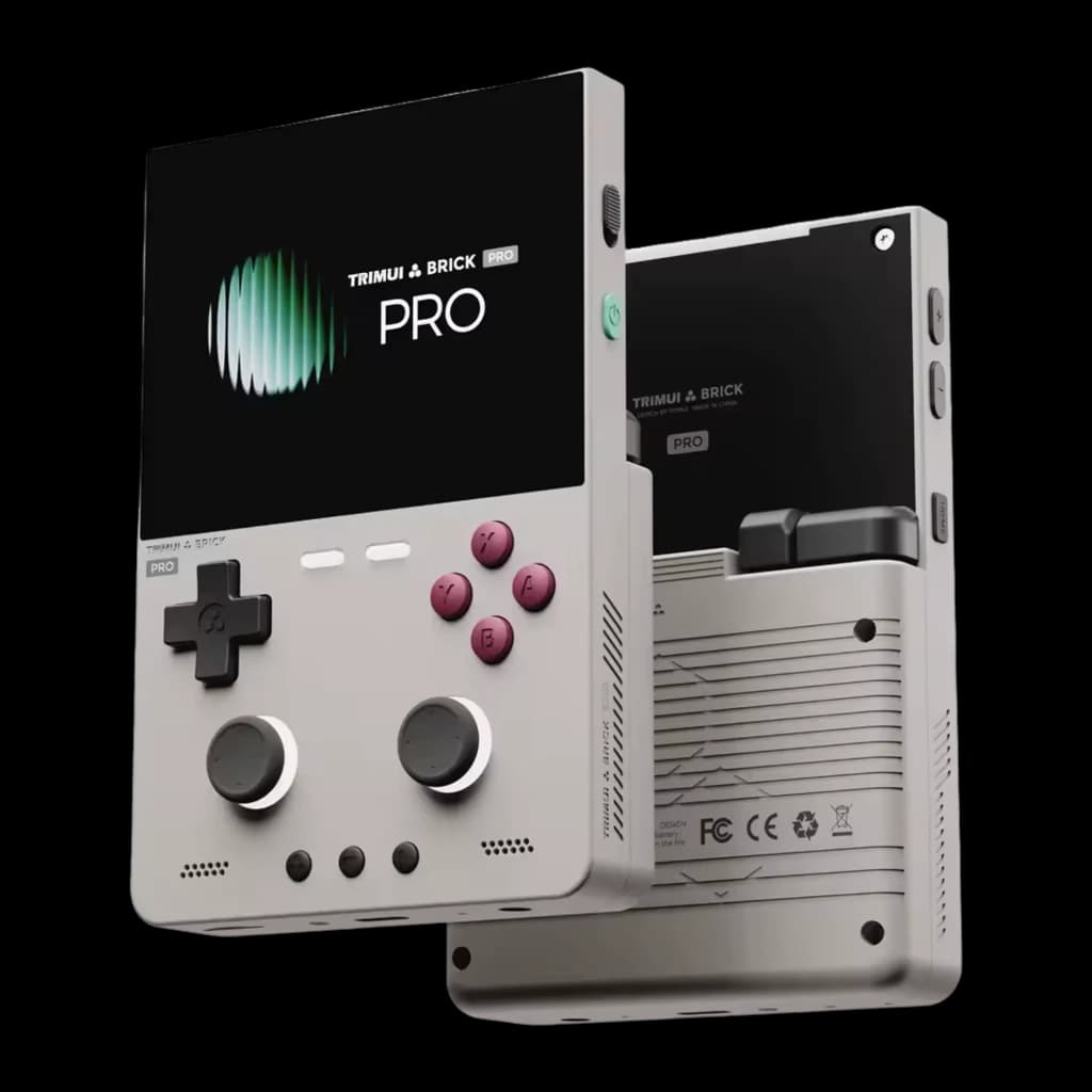 Consola portátil Trimui Brick Pro 1 GB/64 GB Retro cinza com tela colorida, botões rosa, dois analógicos, direcional em cruz e alto-falantes laterais