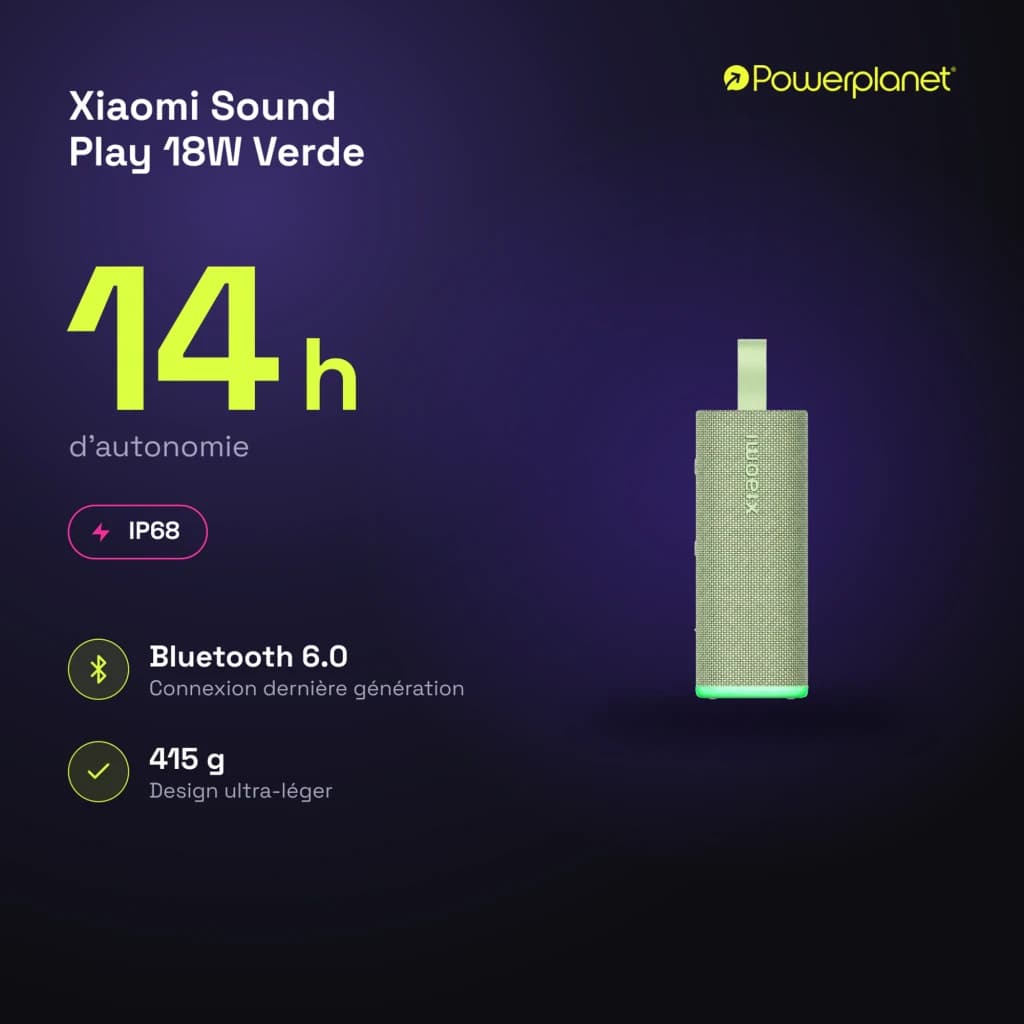 Altavoz Bluetooth Xiaomi Sound Play verde con correa, cuerpo texturizado y base luminosa; compacto, 18W, 14 h de autonomía, certificación IP68, 415 g