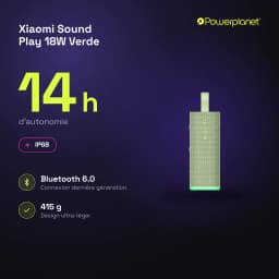 Altavoz Bluetooth Xiaomi Sound Play verde con correa, cuerpo texturizado y base luminosa; compacto, 18W, 14 h de autonomía, certificación IP68, 415 g