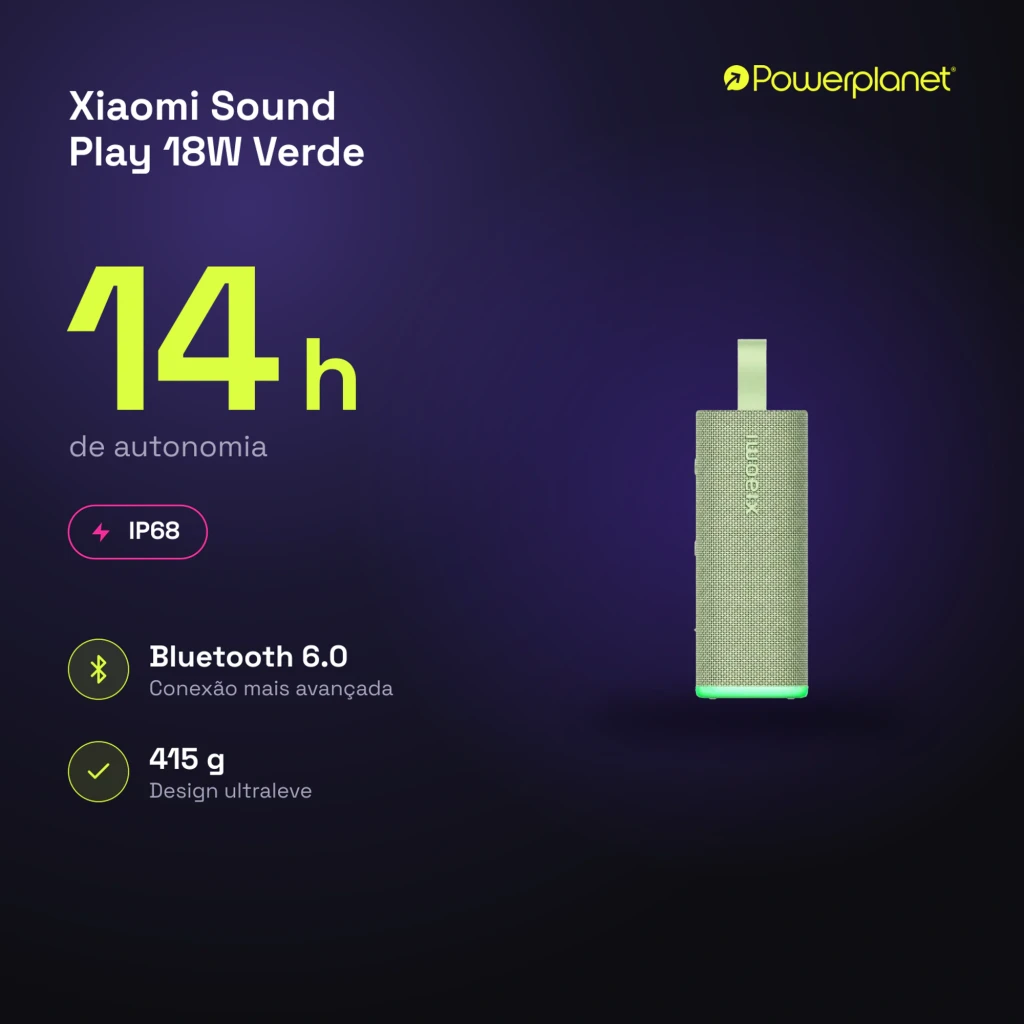 Caixa de som portátil verde com tecido texturizado, alça superior, botões laterais discretos e base iluminada em verde; formato retangular vertical elegante - Item7