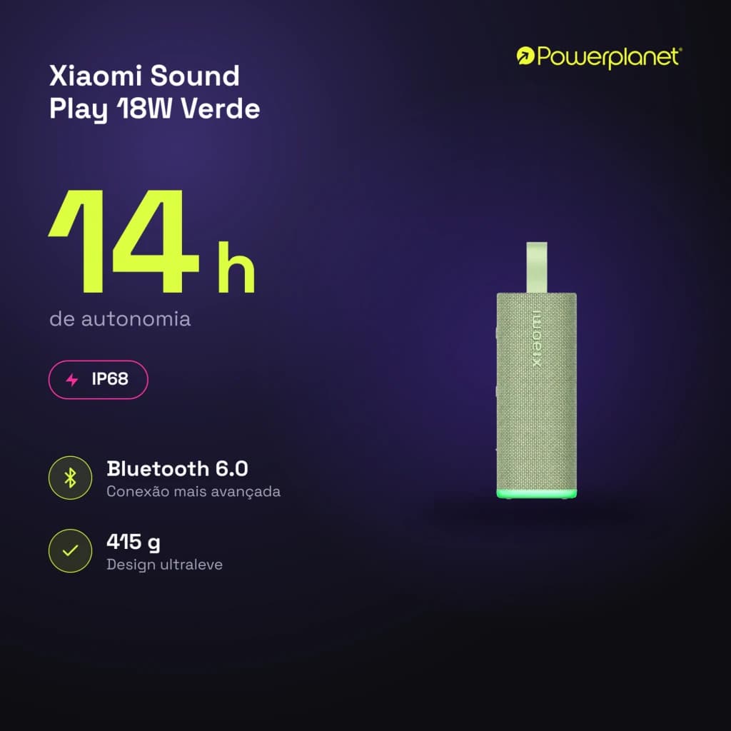 Altavoz portátil verde con correa, cuerpo texturizado y base luminosa; compacto, 415 g, 18W, Bluetooth 6.0 e IP68, autonomía destacada de 14 h