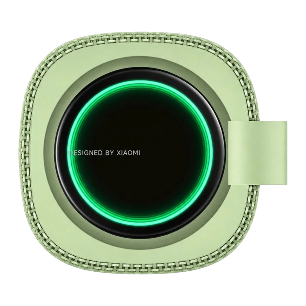Caixa de som portátil verde com tecido texturizado, alça superior, botões laterais discretos e base iluminada em verde; formato retangular vertical elegante - Item2