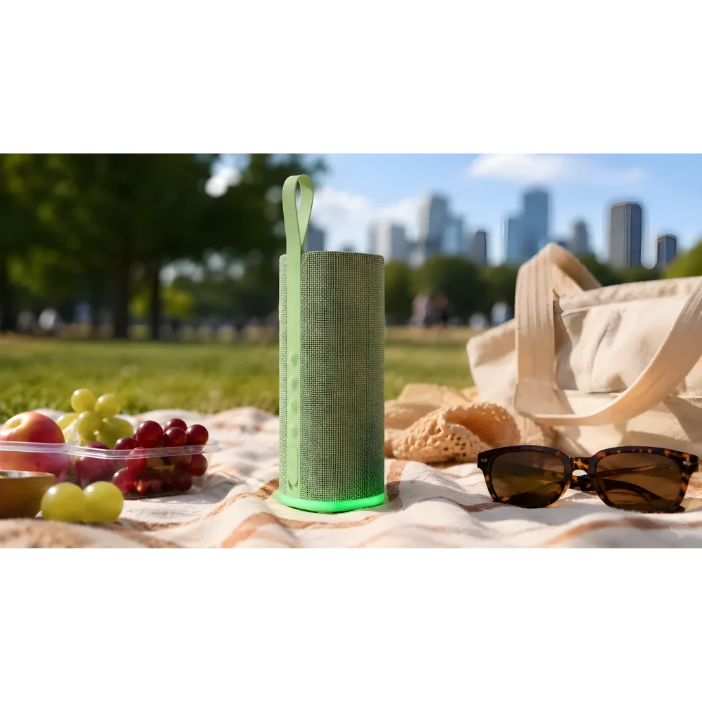 Caixa de som portátil verde com tecido texturizado, alça superior, botões laterais discretos e base iluminada em verde; formato retangular vertical elegante - Item10