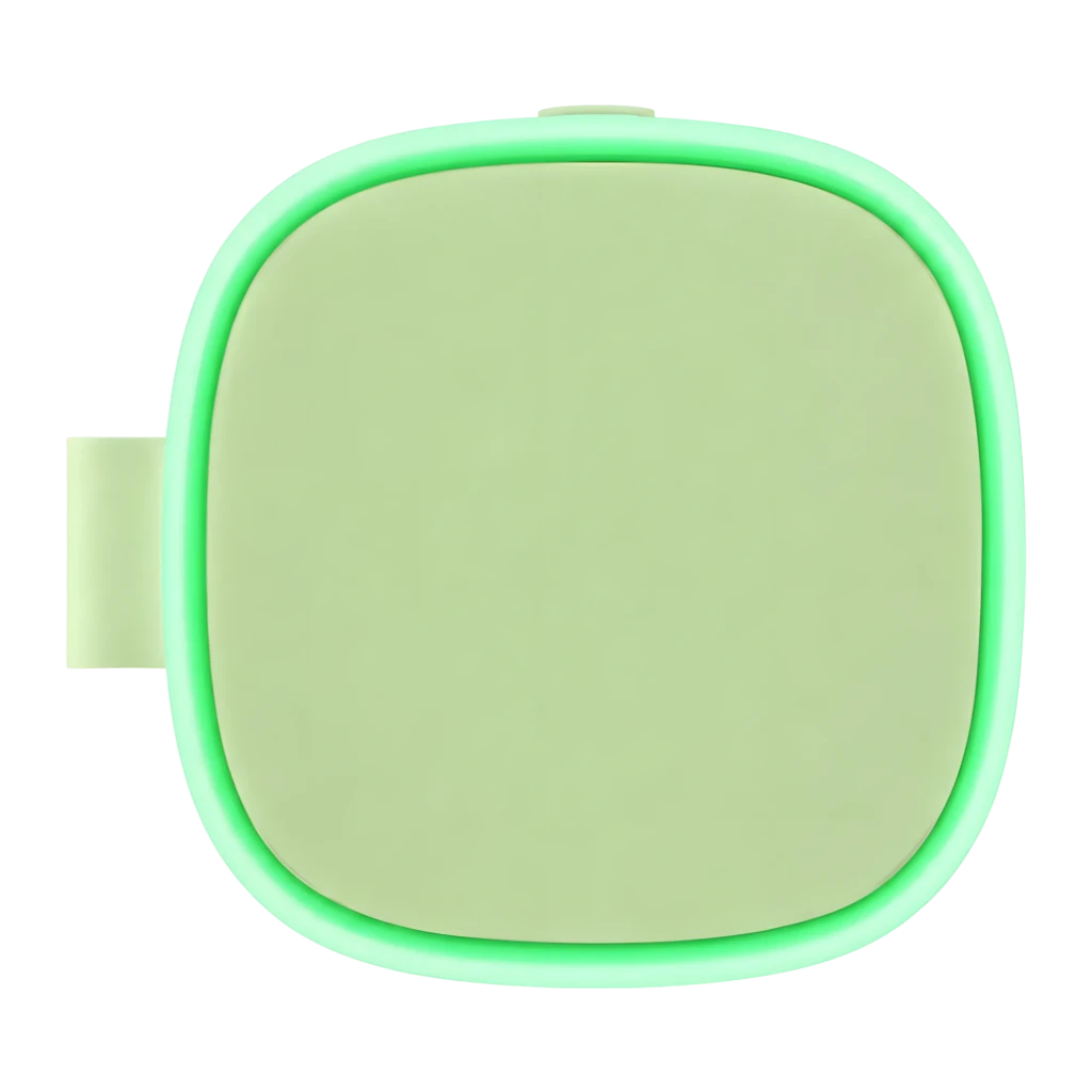 Caixa de som portátil verde com tecido texturizado, alça superior, botões laterais discretos e base iluminada em verde; formato retangular vertical elegante - Item1