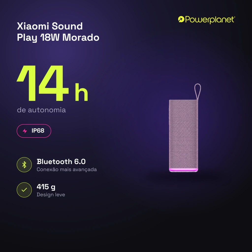 Coluna Bluetooth Xiaomi Sound Play roxa compacta com grelha metálica, alça superior lilás, botões laterais e luz LED rosa na base - Item7