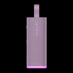 Altavoz portátil púrpura con rejilla metálica, correa superior y barra LED inferior rosa; botones laterales discretos y diseño rectangular compacto