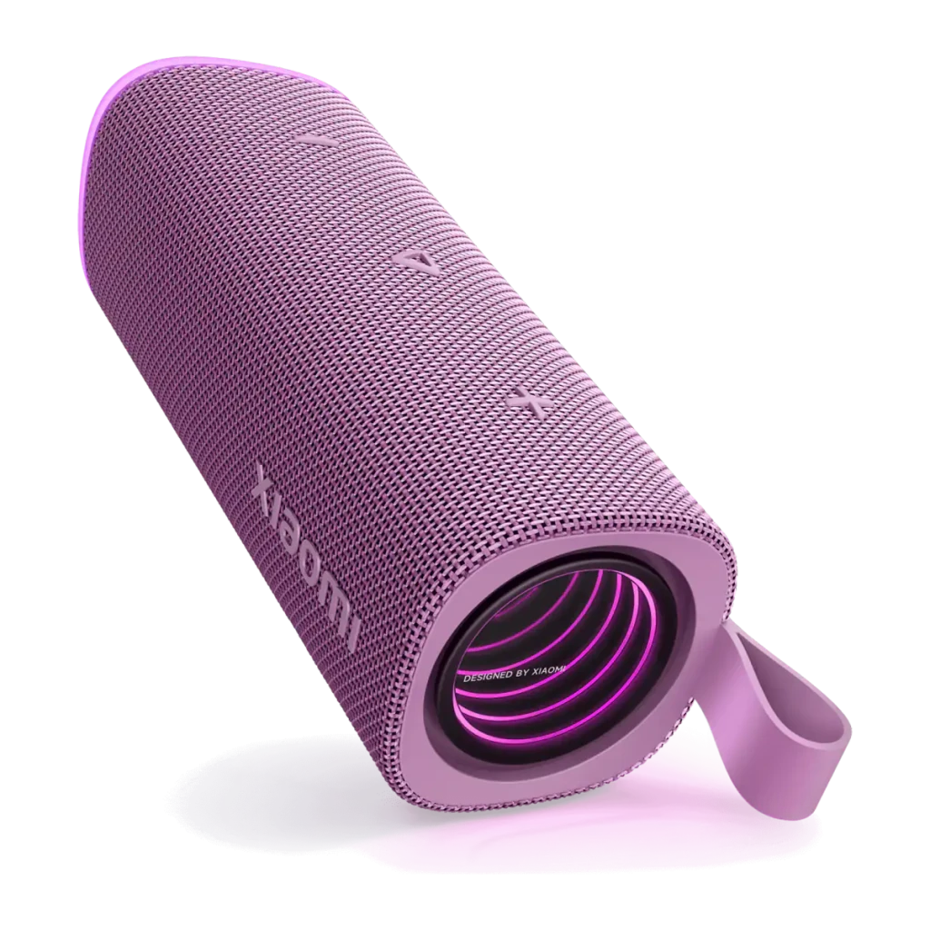 Coluna Bluetooth Xiaomi Sound Play roxa compacta com grelha metálica, alça superior lilás, botões laterais e luz LED rosa na base - Item1