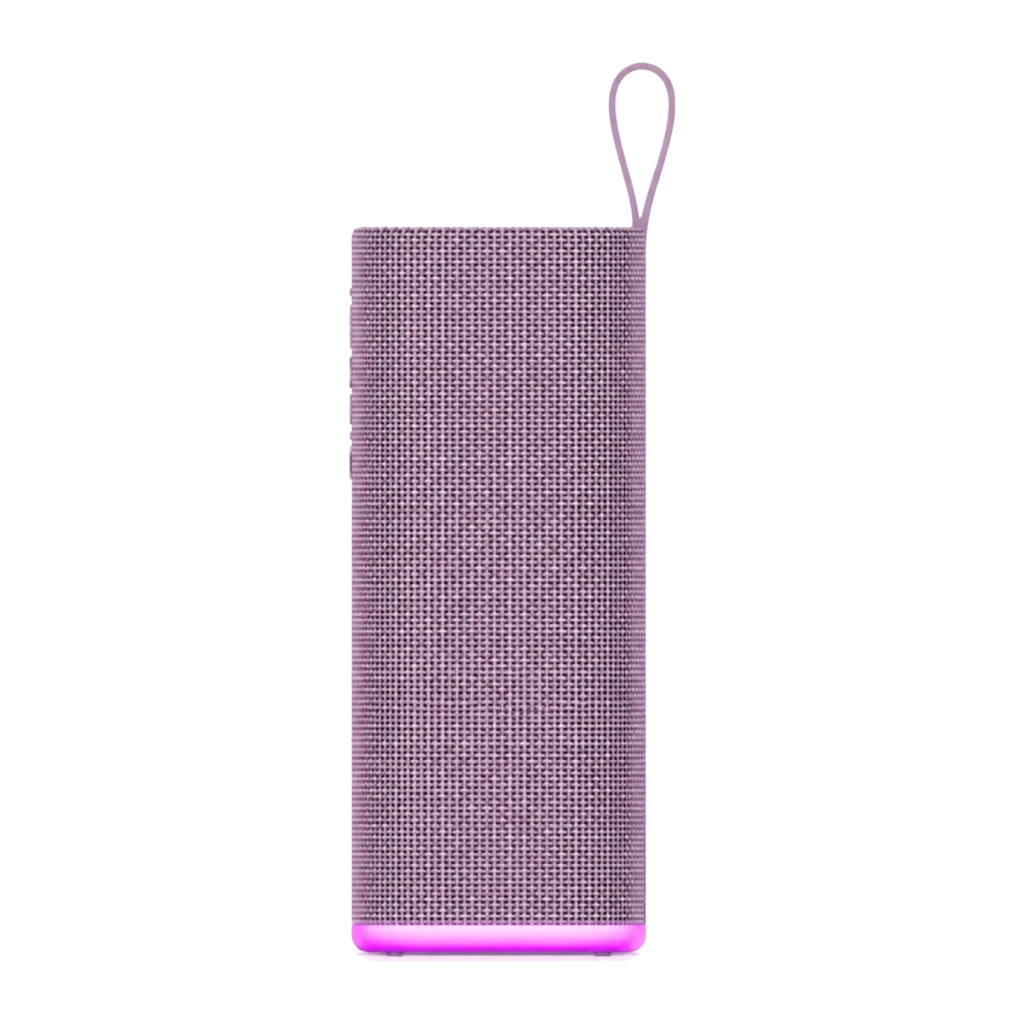 Coluna Bluetooth Xiaomi Sound Play roxa compacta com grelha metálica, alça superior lilás, botões laterais e luz LED rosa na base - Item4