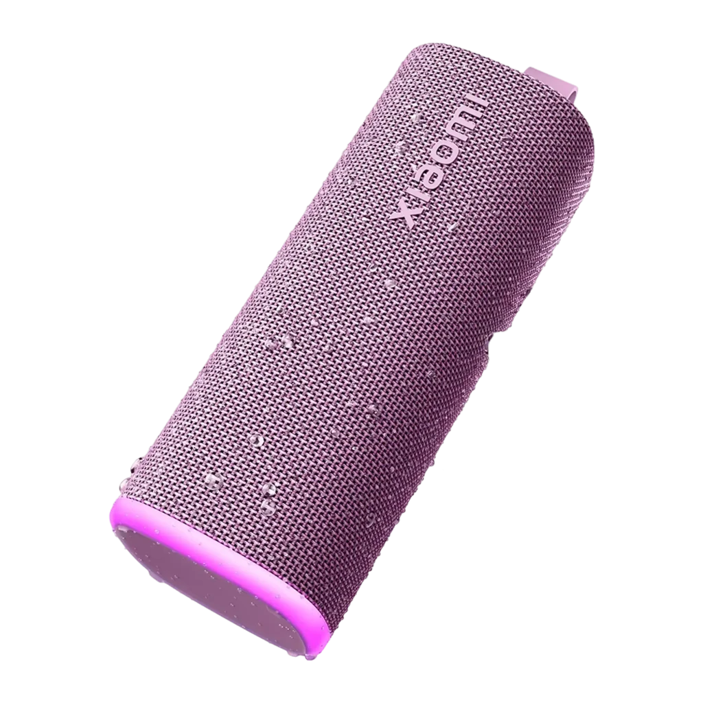 Coluna Bluetooth Xiaomi Sound Play roxa compacta com grelha metálica, alça superior lilás, botões laterais e luz LED rosa na base - Item12