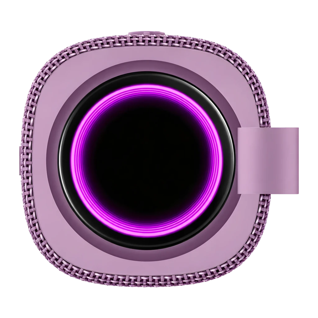 Coluna Bluetooth Xiaomi Sound Play roxa compacta com grelha metálica, alça superior lilás, botões laterais e luz LED rosa na base - Item3