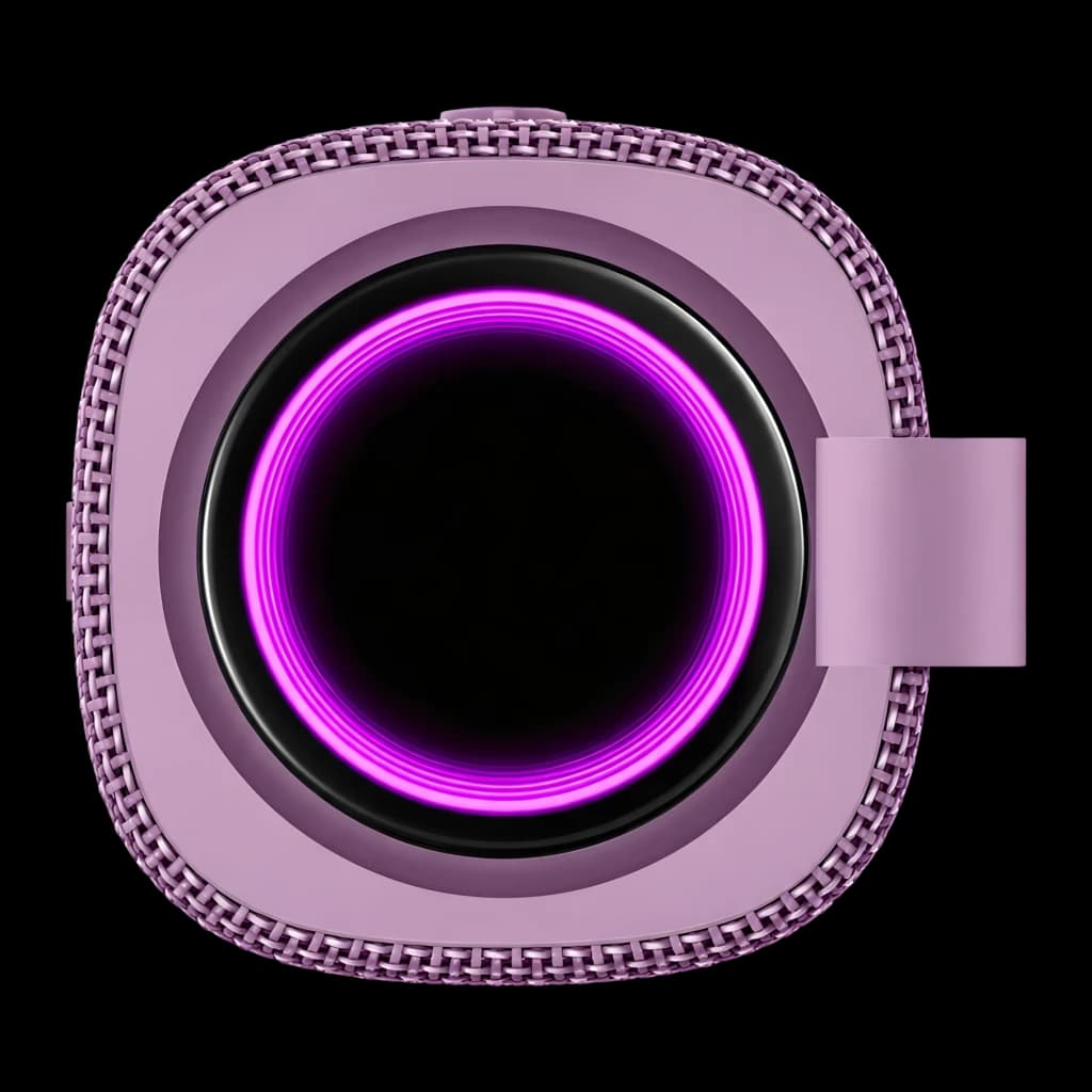Altavoz Bluetooth Xiaomi Sound Play púrpura, diseño compacto cuadrado, aro LED circular violeta, malla textil perimetral y correa lateral de sujeción