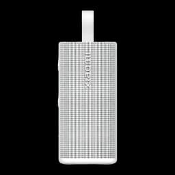 Altavoz portátil blanco con rejilla metálica frontal, correa superior para transporte, botones laterales y logotipo Xiaomi en relieve vertical