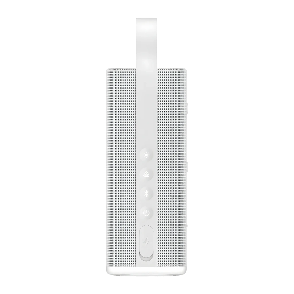 Coluna Bluetooth Xiaomi Sound Play branca com grelha perfurada, formato retangular vertical e alça superior para transporte; logotipo Xiaomi em relevo na - Item2