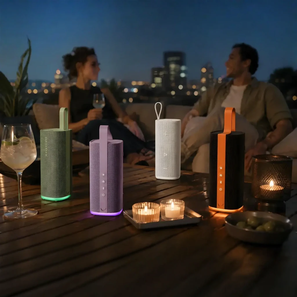 Coluna Bluetooth Xiaomi Sound Play branca com grelha perfurada, formato retangular vertical e alça superior para transporte; logotipo Xiaomi em relevo na - Item4