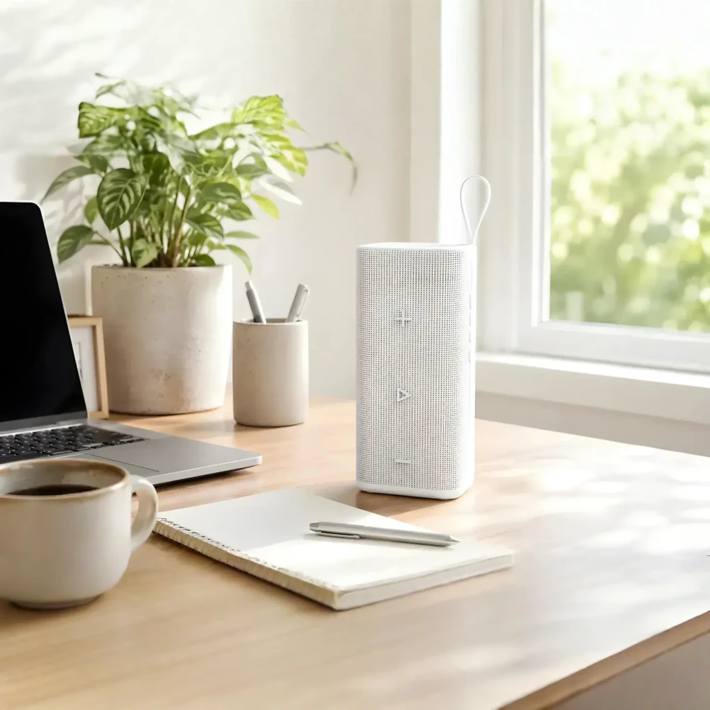 Coluna Bluetooth Xiaomi Sound Play branca com grelha perfurada, formato retangular vertical e alça superior para transporte; logotipo Xiaomi em relevo na - Item5