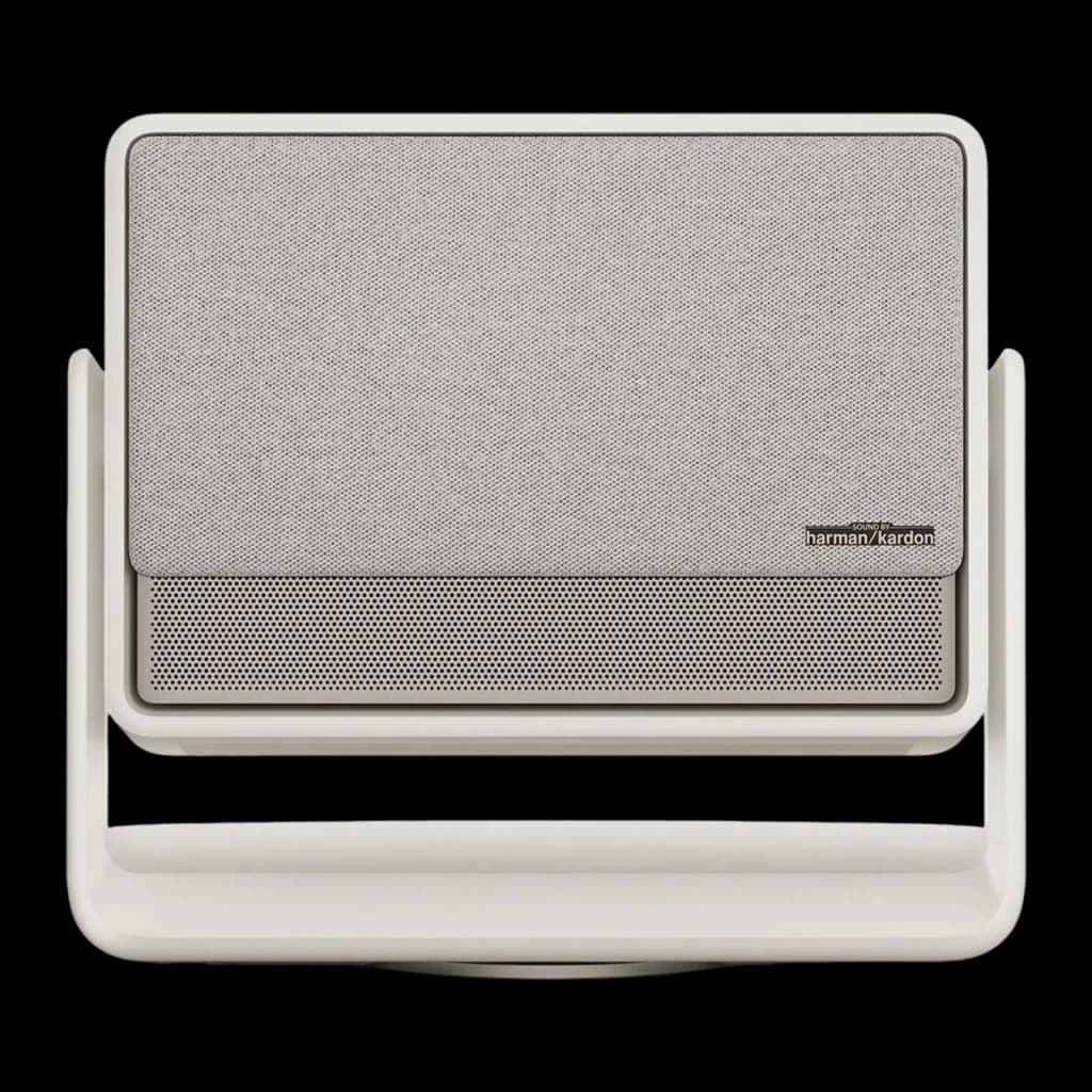 XGIMI Horizon S Pro blanco, vista frontal: rejilla de tela Harman/Kardon y base giratoria