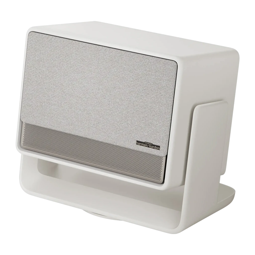 XGIMI Horizon S Pro blanco, vista en ángulo: diseño lateral con soporte y logo Harman/Kardon